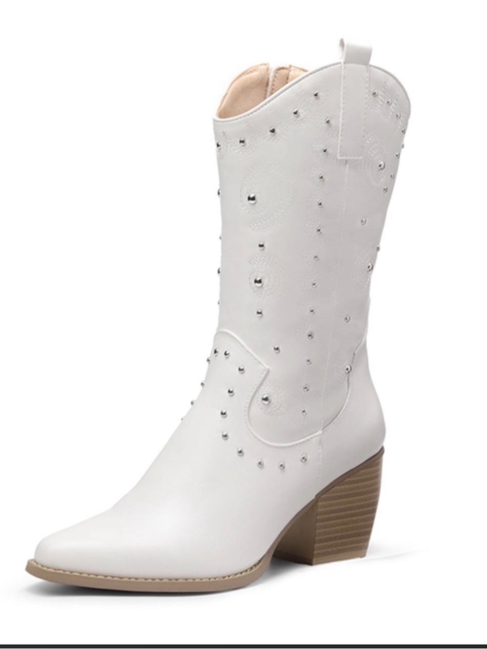 Dream Pairs White Studded Western Heeled Boot